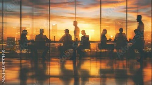 Strategic Meeting at Sunset: Silhouetted business people convene for a strategic meeting against a breathtaking sunset cityscape backdrop. The image embodies collaboration, vision, and ambition.