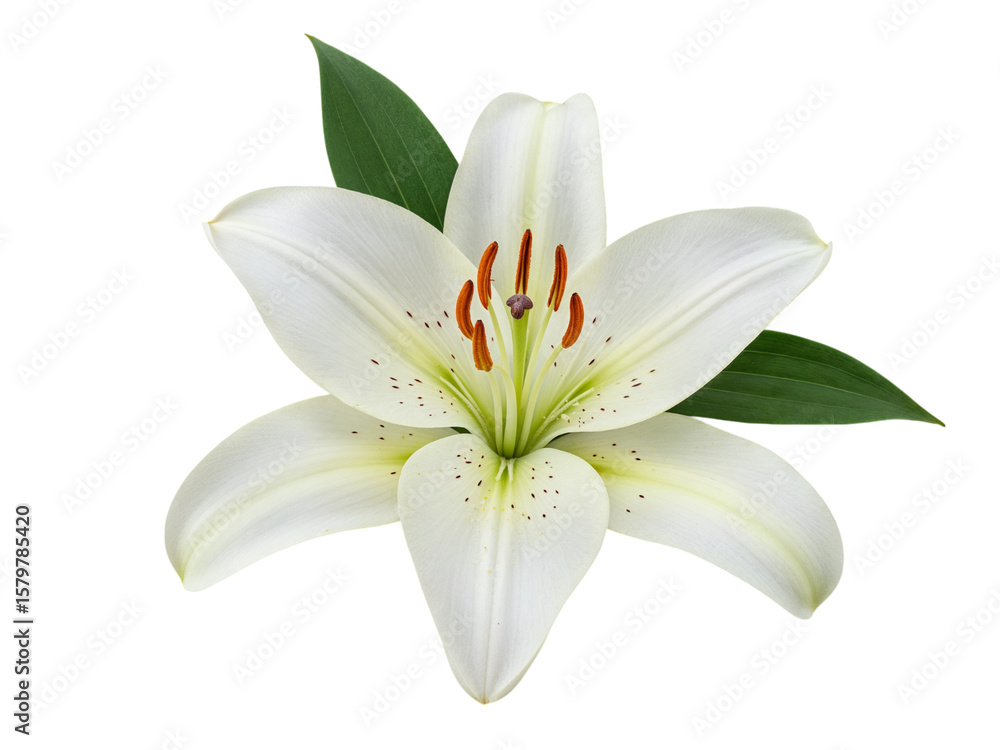 Obraz premium Elegant white lily flower with green leaves isolated on transparent background