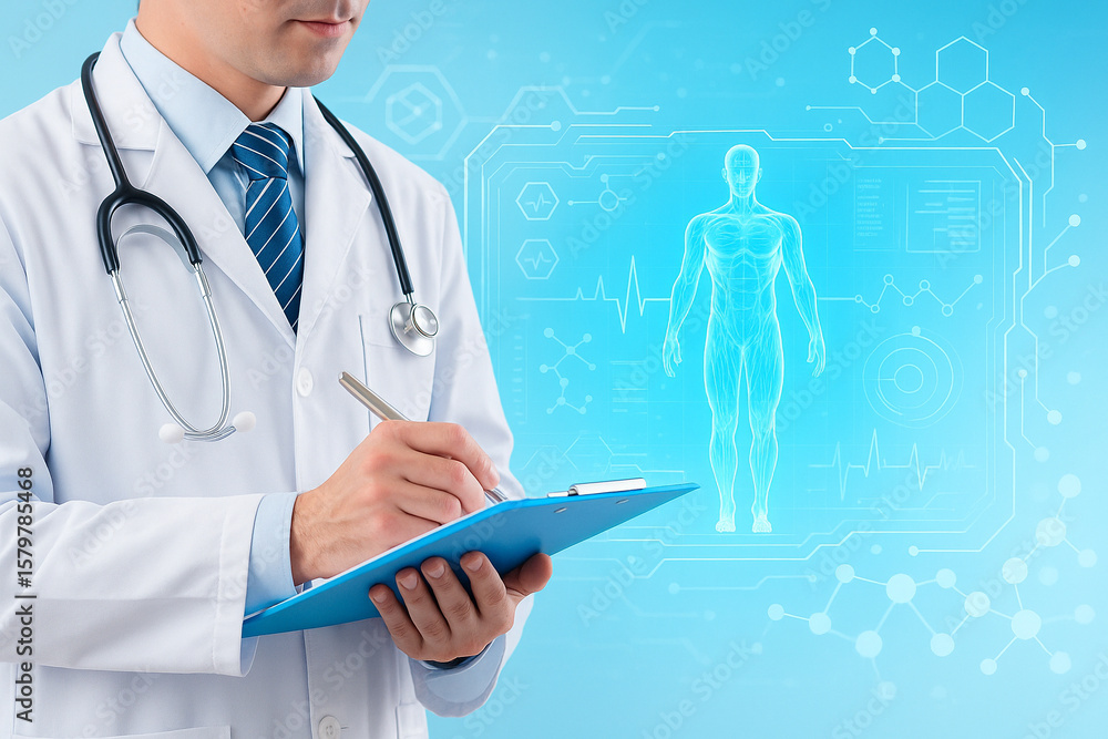 AI generated male doctor writing on blue clipboard with digital holographic human anatomy and glowing interface elements in futuristic medical environment with clean blue tone AI generated male doctor writing on blue clipboard with digital holographic human anatomy and glowing interface elements in futuristic medical environment with clean blue tone
