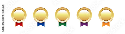 Colorful Award Ribbon Medals Set – Red, Blue, Green, Purple, Orange with Gold Center on Transparent Background