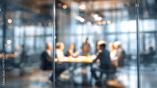 Office meeting blurred: A blurry view through glass panels shows business people collaborating at a table in a modern office conference room.