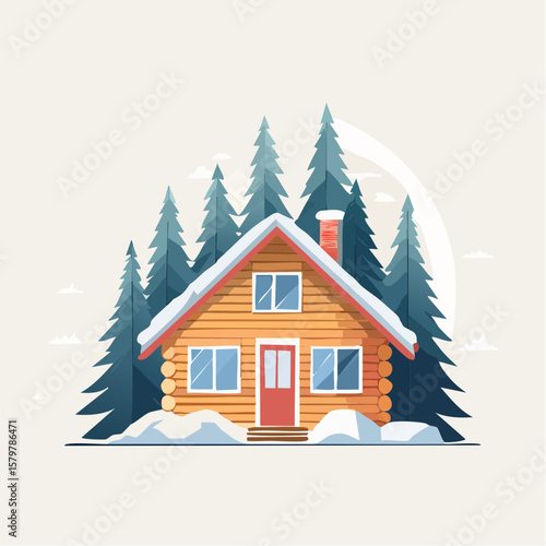 flat design svg vector of cozy alaskan cabin nestled among snowy pine trees