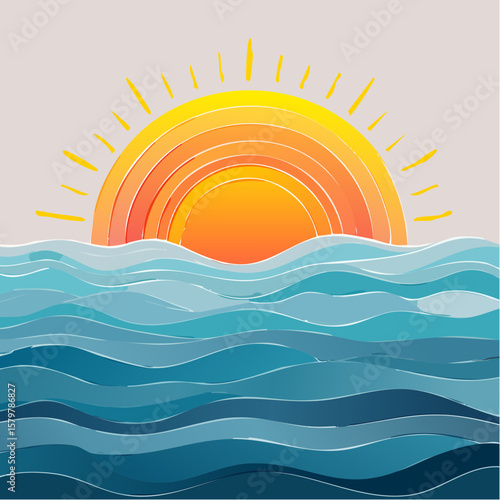 sunset over ocean horizon stylized sun dipping into waves flat design vector vibrant colors beach scene
