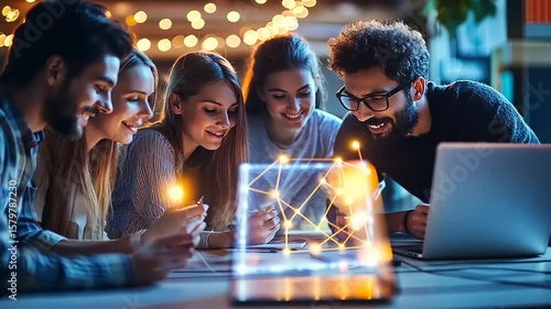 Group of friends collaborating around a laptop, exploring digital innovations in a cozy cafe setting