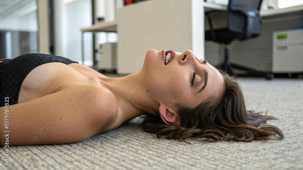 Obraz premium young woman lying on the office floor after make love and feels orgasm