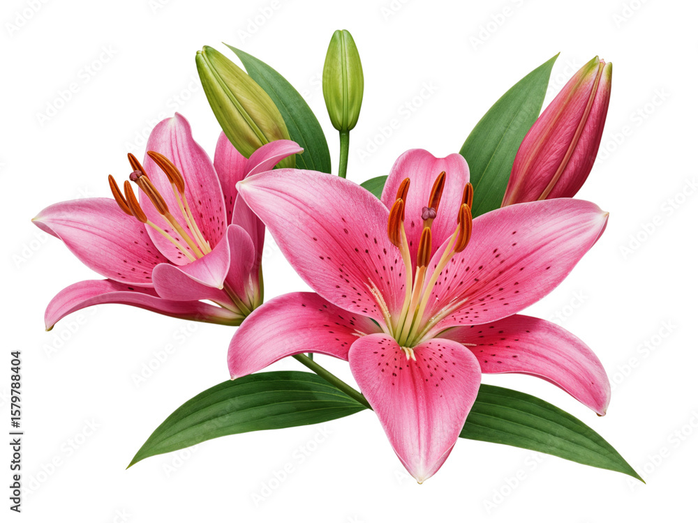 Obraz premium Two beautiful pink stargazer lilies with green leaves and buds isolated on transparent background