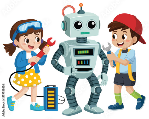Children collaborating on robot repair project

