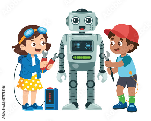 Kids repairing robot in workshop together

