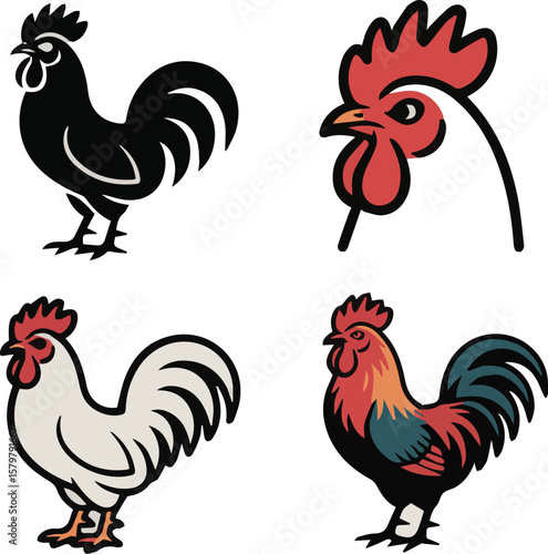 Black and white vector silhouette illustration of a domestic farm fowl rooster and hen, isolated