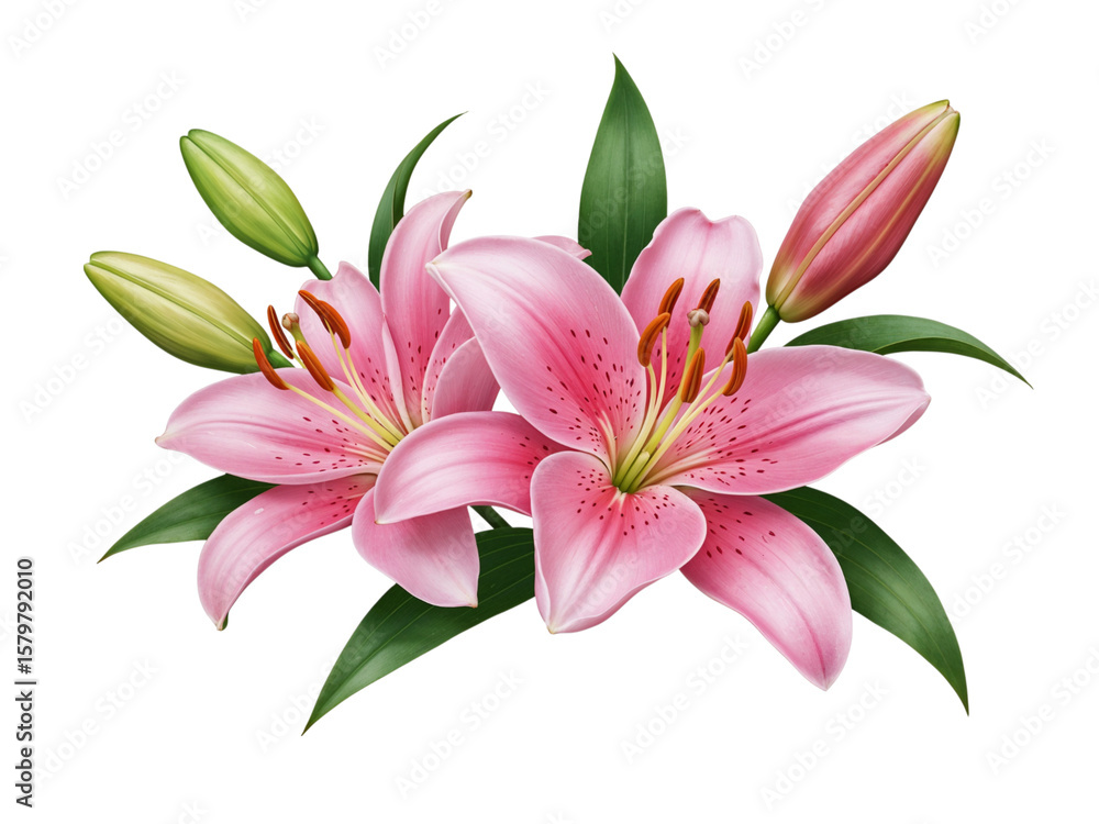 Obraz premium Two delicate pink lilies with buds and green leaves isolated on transparent background