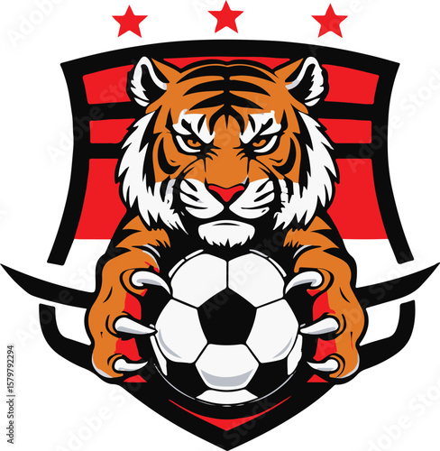 Fierce Tiger Mascot with Soccer Ball, Vector Illustration