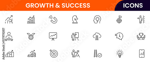 Vector line icons of growth, success, progress, goals, achievement, leadership, motivation, career, business strategy, and performance ideal for apps, websites, and presentations.