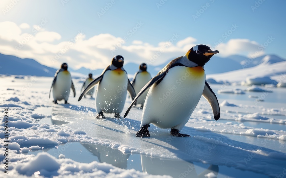 Obraz premium Penguins walking on snowy landscape in a cold environment.