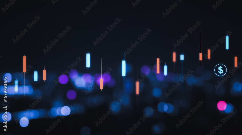 Fototapeta premium Financial Market Data: Abstract visualization of financial market data with candlestick charts, showing dynamic price movements and market trends.