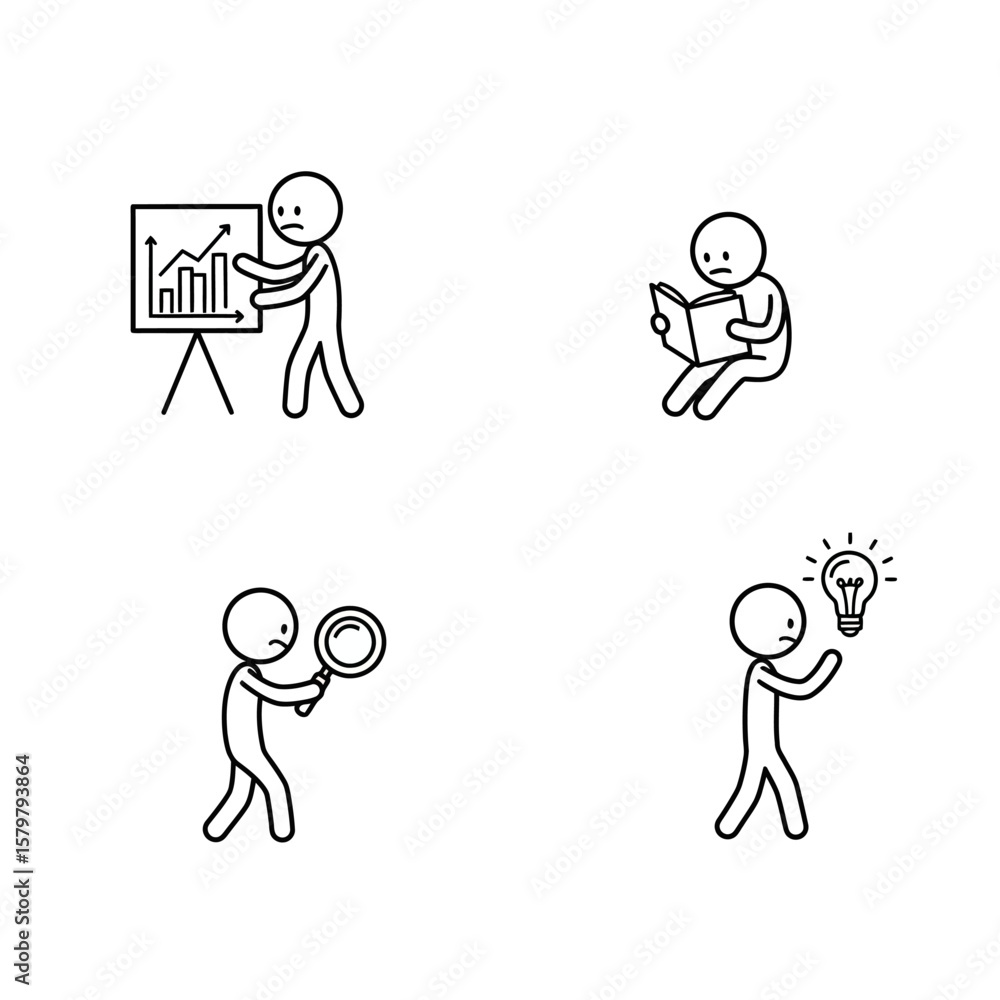 A collection of stick figure illustrations depicting various activities, including presenting data, reading a book, using a magnifying glass, and having an idea, all in a clean, minimalist style. A collection of stick figure illustrations depicting various activities, including presenting data, reading a book, using a magnifying glass, and having an idea, all in a clean, minimalist style.