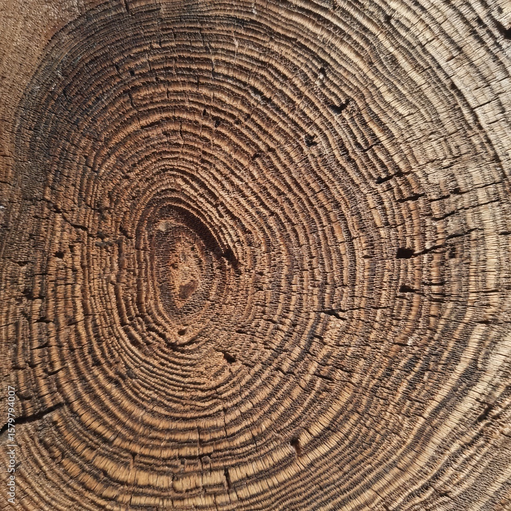 Naklejka premium Close-up of a cross-section of a tree trunk, revealing concentric growth rings and a central knot. The wood shows variations in color and texture
