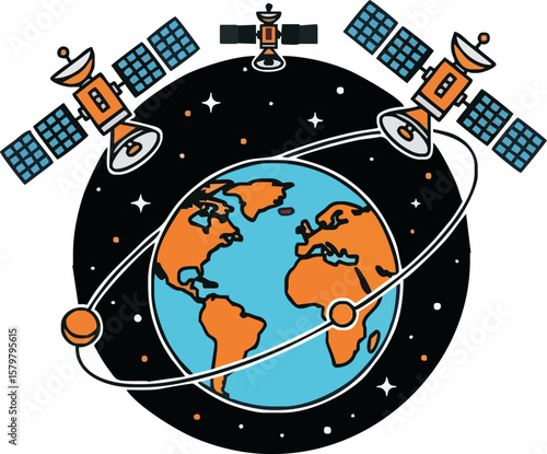 Illustration depicting Earth surrounded by orbiting satellites in a starry space.