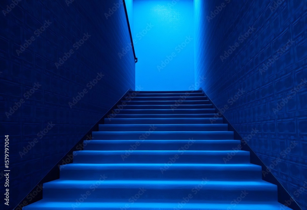Fototapeta premium Deep blue carpeted stairs ascending to unseen upper level, angle, upward