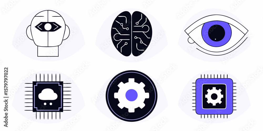 Fototapeta premium Depicts artificial intelligence elements including a brain, robot head, cloud computing, and settings gear in a minimalist style.