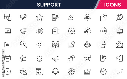 Vector illustration web line icon collection for support: help desk, chat, customer service, and assistance symbols in a friendly, modern, and approachable design style.