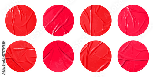 Set of vector red sticky note papers circle shapes and wrinkles, Copy space stickers or patches for preview tags labels design	
