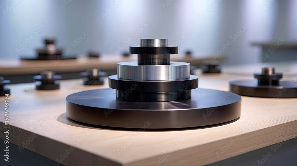 Obraz premium Modern Industrial Design of Precision Weights on a Minimalist Wooden Table in an Art Gallery Setting