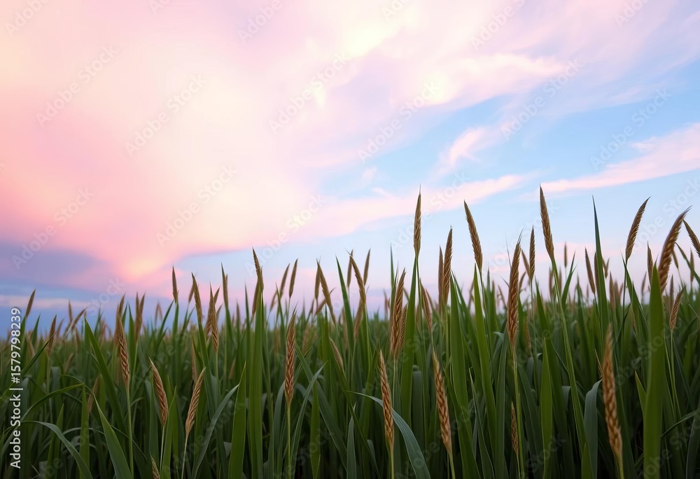 Fototapeta premium Pastel pink and blue sky above tall green grass stalks on a farm, field, plants