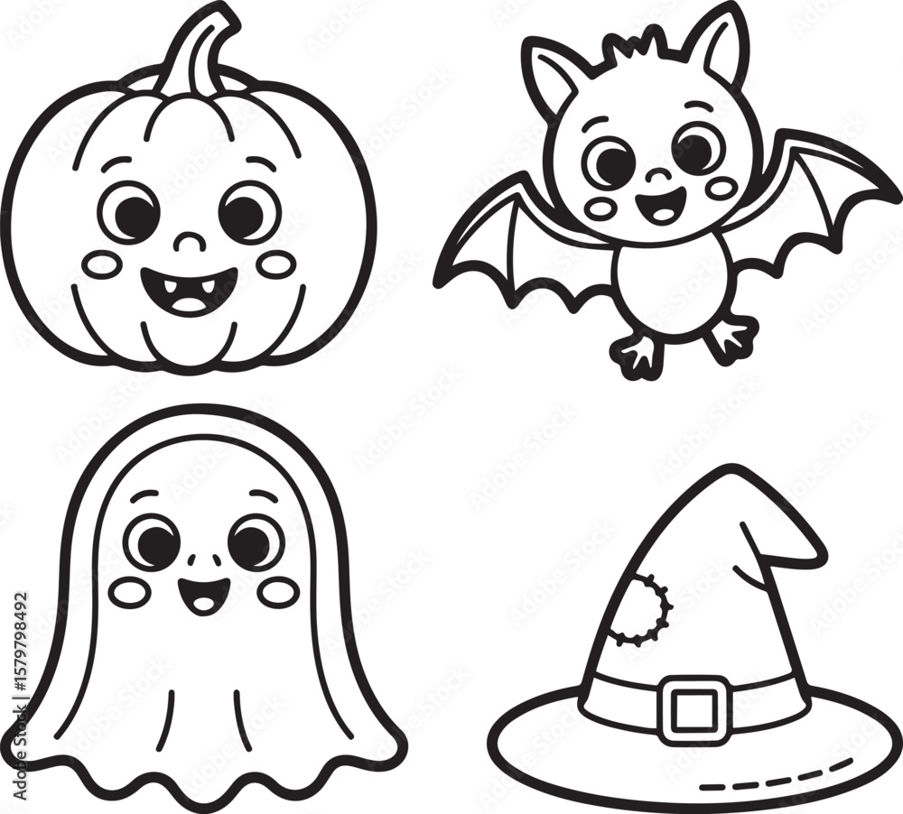 Obraz premium Spooky Halloween Vector Cartoon Characters Collection: Featuring a jack-o'-lantern, bat, ghost, and witch's hat, all in simple line art