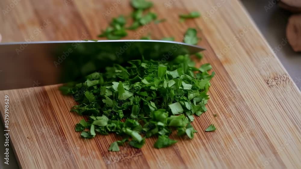 Chopping Fresh Parsley on Wooden Cutting Board - Kitchen Skills and Healthy Eating Close-up Chopping Fresh Parsley on Wooden Cutting Board - Kitchen Skills and Healthy Eating Close-up