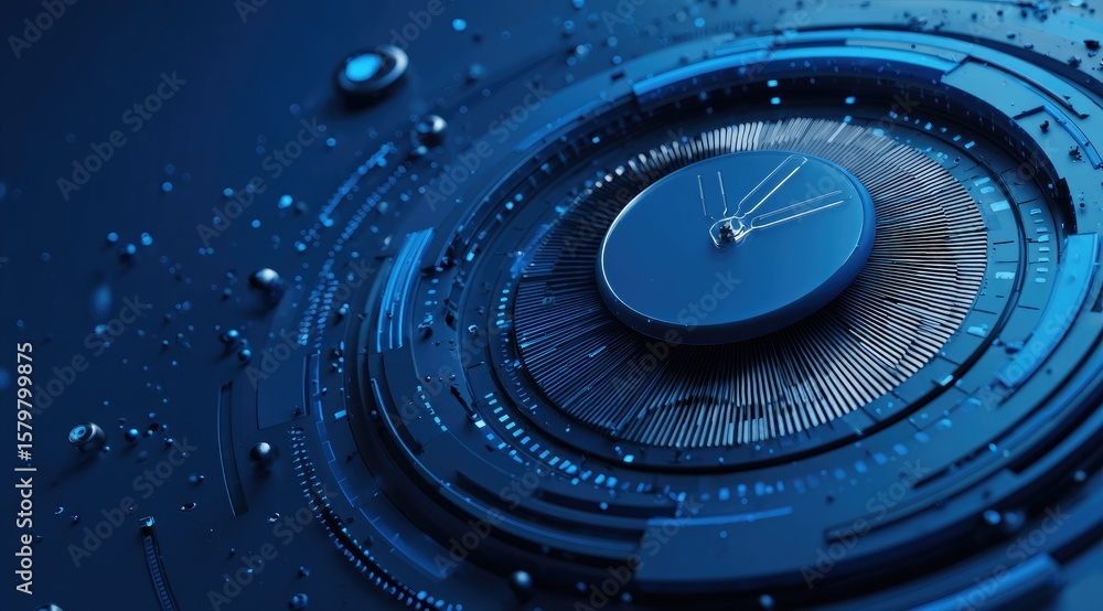 Abstract close-up of a futuristic clock mechanism, rendered in shades of blue, featuring intricate details and a technological aesthetic Abstract close-up of a futuristic clock mechanism, rendered in shades of blue, featuring intricate details and a technological aesthetic