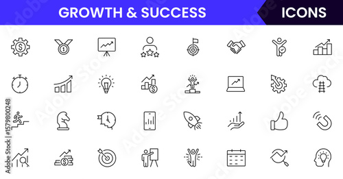Vector line icons of growth, success, progress, goals, achievement, leadership, motivation, career, business strategy, and performance ideal for apps, websites, and presentations.