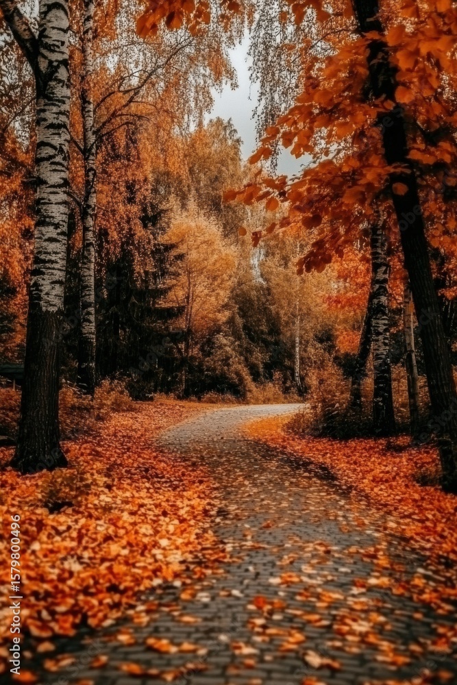 Naklejka premium Autumn Forest Path Covered in Fallen Leaves with Tall Trees