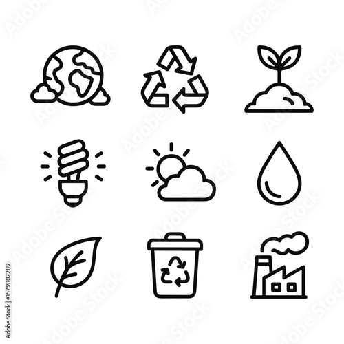 Environment icon set with ecology and nature symbols. Outline symbols. Line design