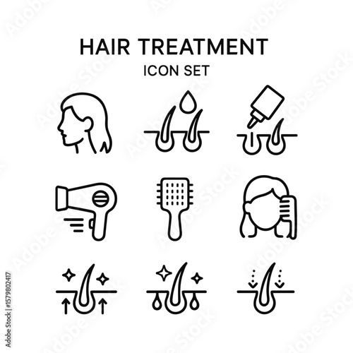 Hair care treatment icons with salon beauty symbols. Outline symbols. Line design