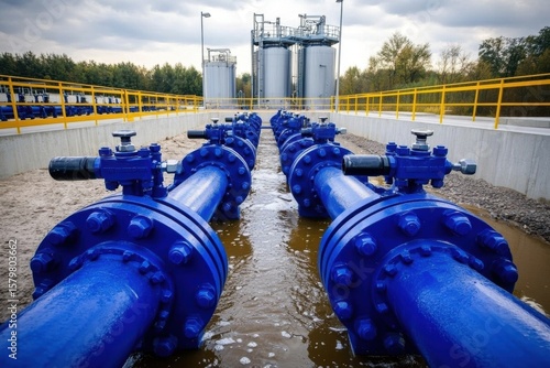 Wallpaper Mural Industrial Scene with Blue Pipes, Valves, and Building Against Cloudy Large water pipes supplying Torontodigital.ca