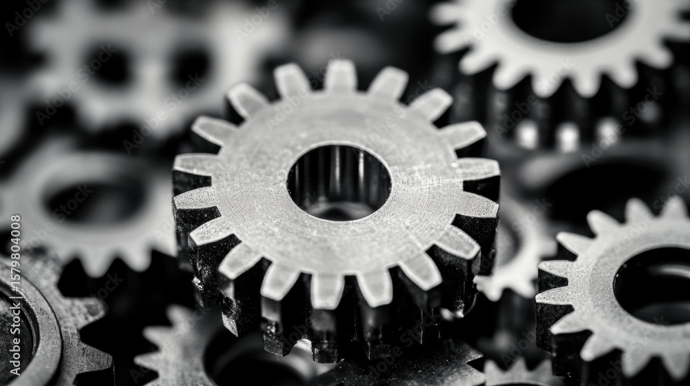 Metal Gear Close-Up with Scattered Arrangement and Focus on Center view of complex interlocking industrial Metal Gear Close-Up with Scattered Arrangement and Focus on Center view of complex interlocking industrial
