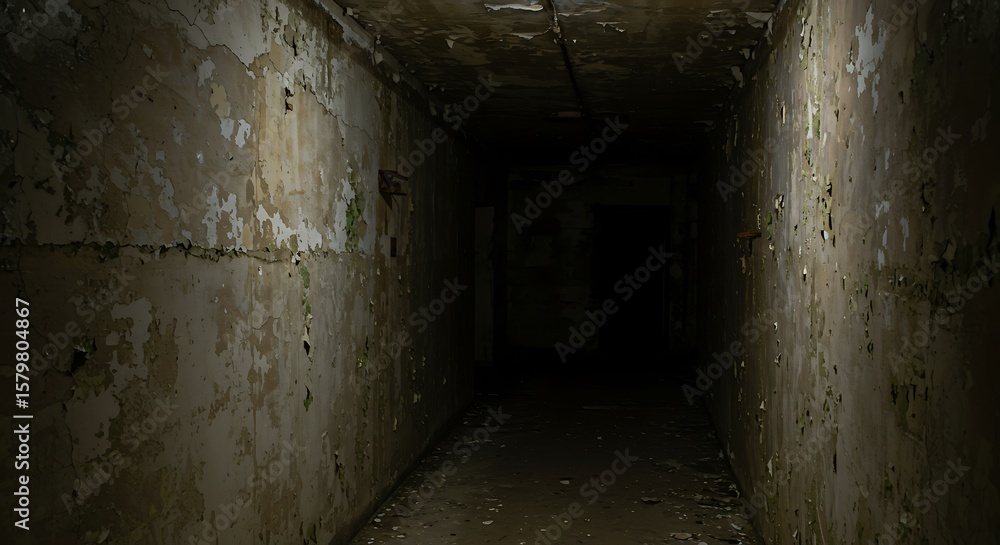 Scary interior of an abandoned bunker. Shabby walls. Low light. Dark abandoned bunker. Scary interior of an abandoned bunker. Shabby walls. Low light. Dark abandoned bunker.