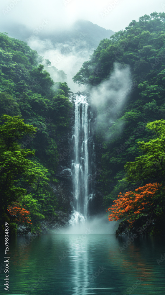 Fototapeta premium Secluded Waterfall Cascading Through a Lush Forest wallpaper