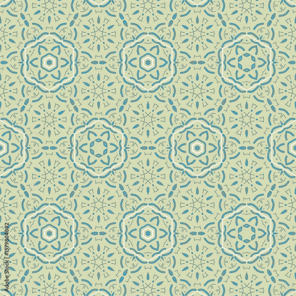 Fototapeta premium Vintage floral seamless wallpaper pattern with blue flowers on light green background