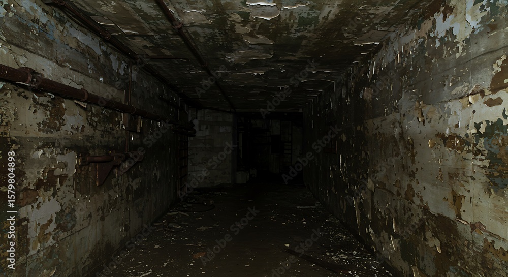 Obraz premium Scary interior of an abandoned bunker. Shabby walls. Low light. Dark abandoned bunker.
