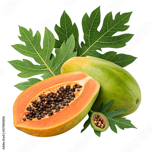 Wallpaper Mural Fresh ripe papaya fruit halved with whole papaya and green leaves isolated on transparent background Torontodigital.ca