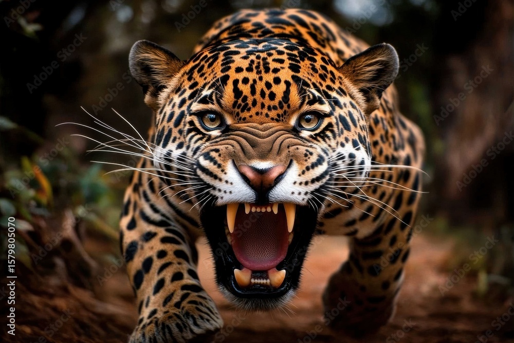 Obraz premium Powerful Jaguar Roaring in Forest Environment with Intense Stare, Sharp the rainforest
