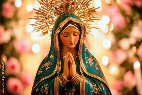 Serene close-up of ceramic Virgin Mary statue with green and our lady guadalupe