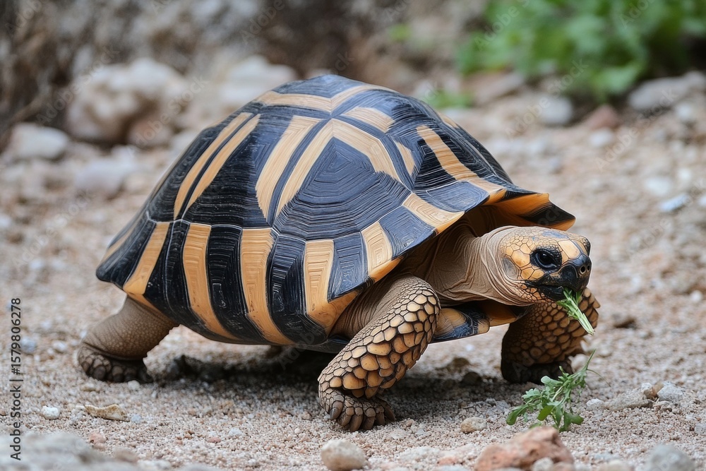 Obraz premium Tortoise with Geometric Shell Design Eating Grass in Blurred Outdoor Radiated walking on ground, Astrochelys