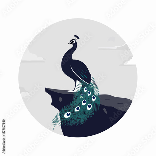 Flat vector illustration of a black silhouette peacock rearing up on its hind legs at the edge of a cliff in a circle form. Clean lines and solid shapes in minimalist flat design style