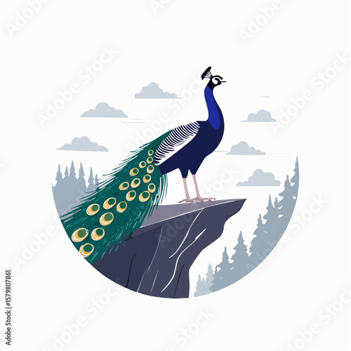 Flat vector illustration of a black silhouette peacock rearing up on its hind legs at the edge of a cliff in a circle form. Clean lines and solid shapes in minimalist flat design style
