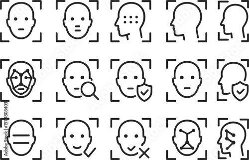 Face ID Authentication Icons Set Outline Style Facial Scan Biometric Identification System Vector