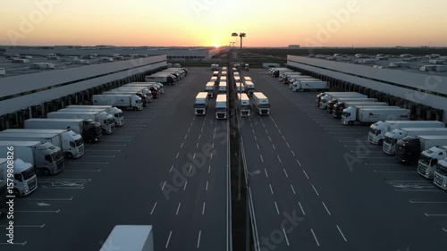 Serene Logistics Hub: Trucks Parked in Rows at Sunset, Endless rows of trucks at a logistics center create a harmonious scene at sunset