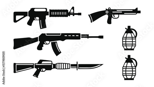 Black silhouettes of firearms and grenades rifle assault rifle