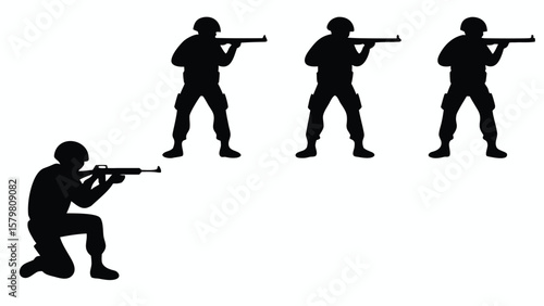Black silhouettes of soldiers aiming rifles military